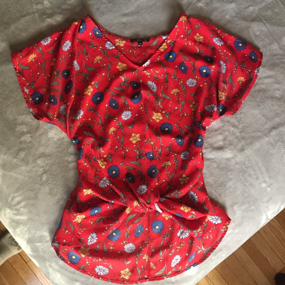 Red Floral Knot Tie Front Blouse- West Kei